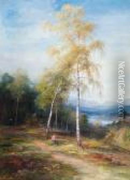 Peasant Girl Near Silver Birches In An Extensive Landscape Oil Painting - John MacWhirter