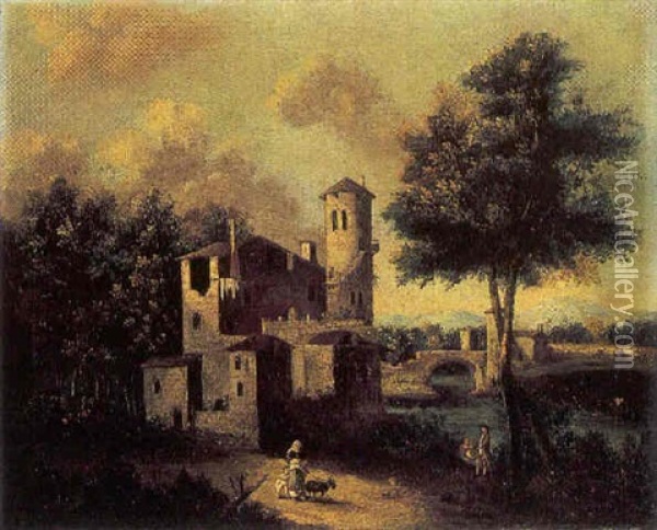 Paesaggio Fluviale Con Castello E Figure Oil Painting - Giovanni Battista Cimaroli