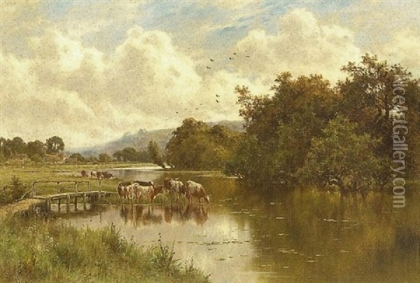 Pangbourne, Berkshire - Cattle Watering By A Footbridge Oil Painting - Henry H. Parker