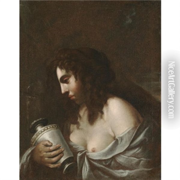 The Penitent Magdalene Holding A Jar Of Ointment Before A Crucifix Oil Painting - Cavaliere Giovanni Baglione