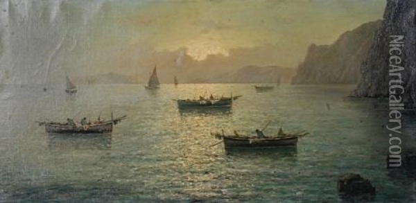 Boats On The Mediterranean Sea At Sunset Oil Painting - Vincenzo d' Auria