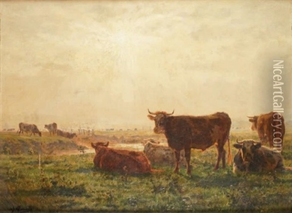 Vaches Pres De La Riviere Au Coucher Du Soleil Oil Painting - Adolphe Charles Marais
