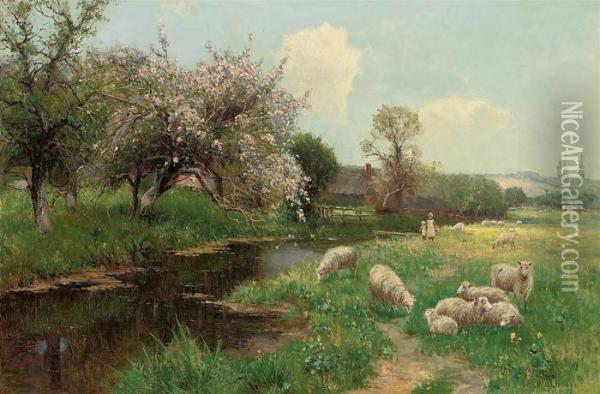 A Walk Along The River, Spring Oil Painting - Ernst Walbourn