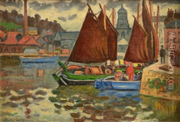 Bateaux A Quai, Honfleur Oil Painting - Henri Lienard De Saint-Delis