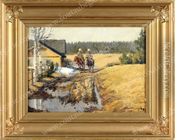 Cosaques A Cheval Traversant Un Village En Automne Oil Painting - Ivan Alekseevich Vladimirov