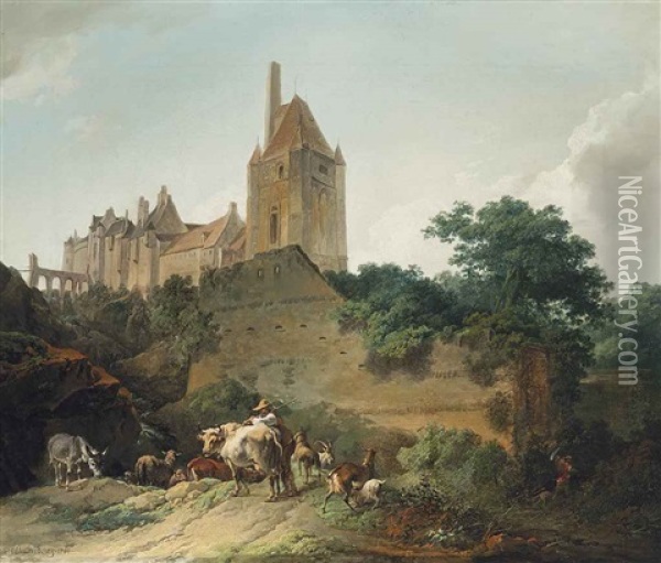 A View Of A Castle With A Herdsman, His Sheep, Goats And A Donkey Oil Painting - Philip James de Loutherbourg