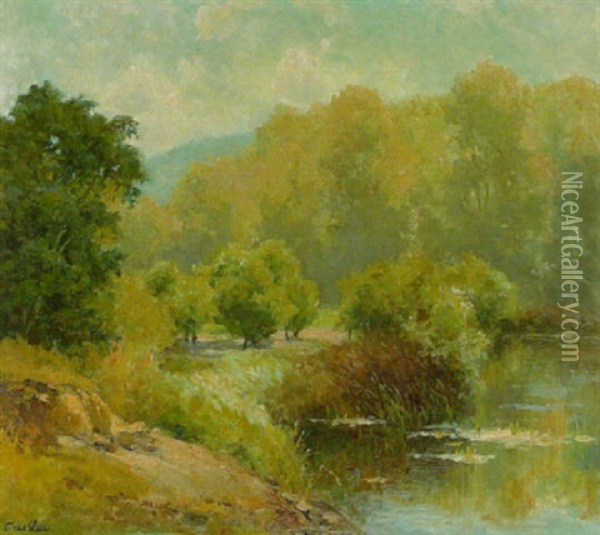 Buschwerk Und Baume Am Wasser (isar-ufer?) Oil Painting - Oskar Leu
