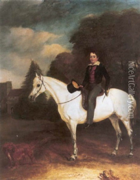 A Boy Seated On His Grey Pony In A Landscape, A Church Beyond Oil Painting - John E. Ferneley