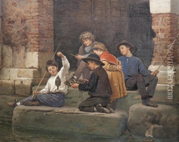 The Broken Plate; Children Fishing (2 Works) Oil Painting - Antonio Ermolao Paoletti
