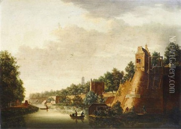 Vue D'une Ville Fortifiee Devant Un Canal Oil Painting - Pieter Jan van Liender