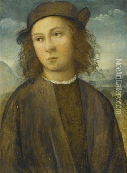 Portrait Of A Boy, Half Length, In A Landscape, Dressed In Black Robes And Cap Oil Painting - Agnolo di Domenico del Mazziere