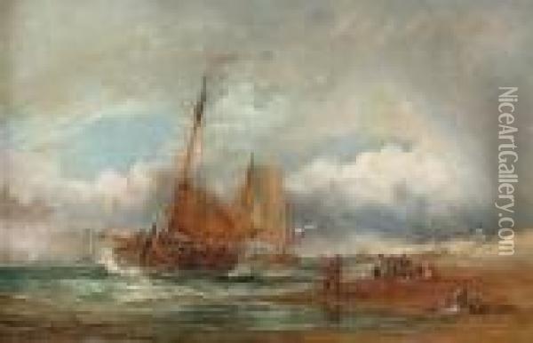 Barges Beaching On A Blustery Day Oil Painting - George Chambers