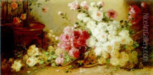 Roses Tumbling From A Basket On The Garden Floor Oil Painting - Henry Schouten