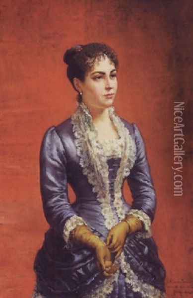 Portrait Of A Lady In Blue Oil Painting - Ludovic (Louis Hippolyte) Mouchot