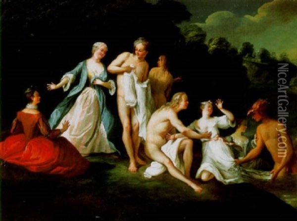 An Elegant Company Bathing Oil Painting - Nicolas Lancret