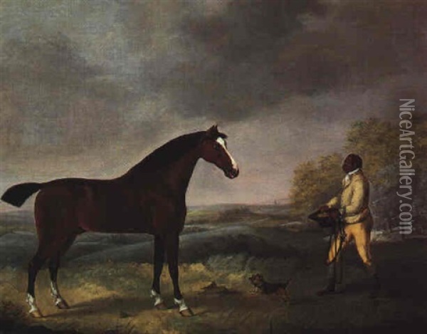 A Bay Hunter With Groom In A Landscape Oil Painting - Henry Bernard Chalon