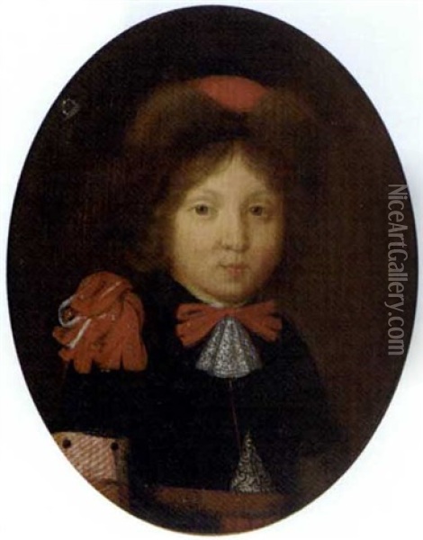 Portrait Of A Boy, Bust-length, In A Fur Hat And A Costume With Red Ribbons Oil Painting - Gerard ter Borch the Younger