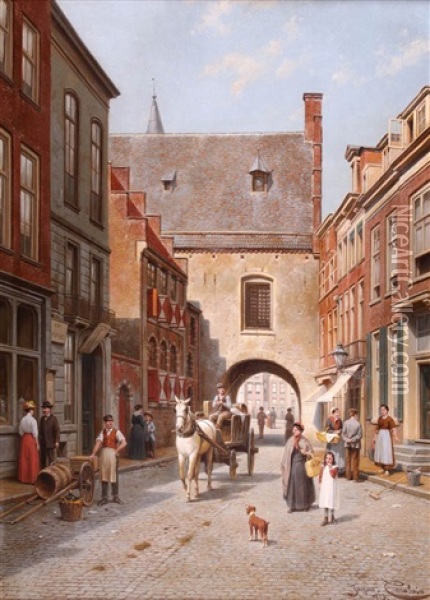 Haags Stadsgezicht Met Figuren Bij De Gevangenpoort Oil Painting - Jacques Francois Carabain