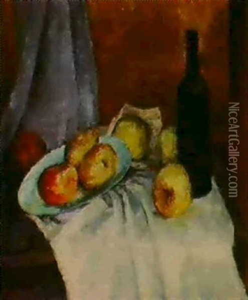 Still Life With Apples And A Bottle Of Wine Oil Painting - Filip Malyavin