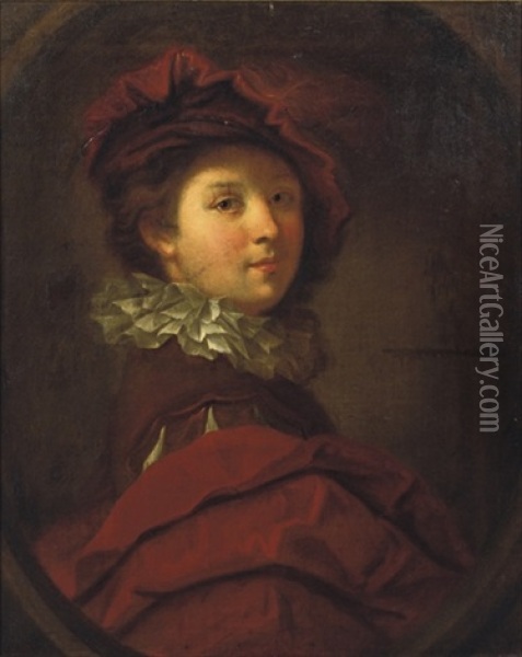 Portrait Of A Young Gentleman, In A Red Costume With A White Collar And Red Plumed Cap Oil Painting - Alexis Grimou