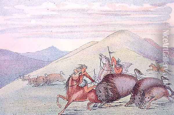 Buffalo bull protecting calf and mother under attack Oil Painting - George Catlin