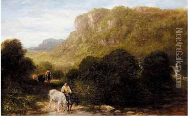 Watering Horses Oil Painting - David I Cox