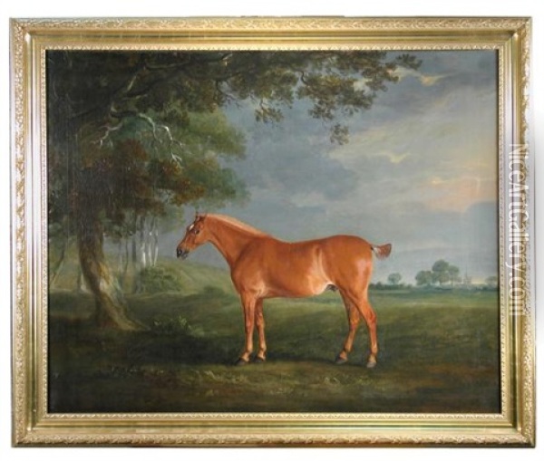 A Chestnut Hunter In A Leicestershire Landscape Oil Painting - John Ferneley Jr.