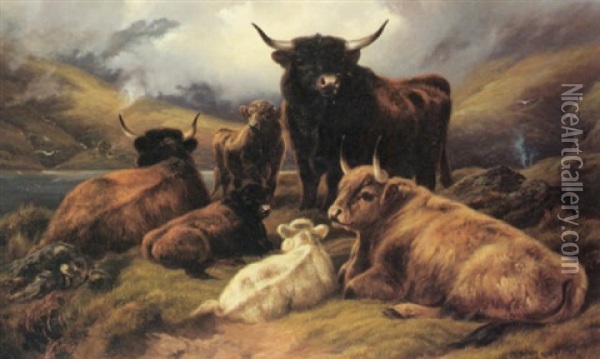 Cattle In The Highlands Oil Painting - Robert F. Watson