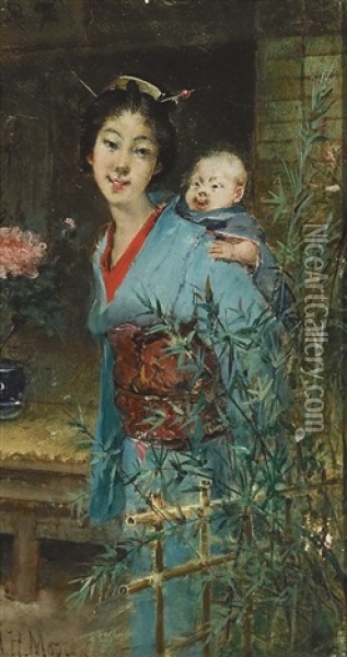 Japanese Mother And Child Oil Painting - Harry Humphrey Moore