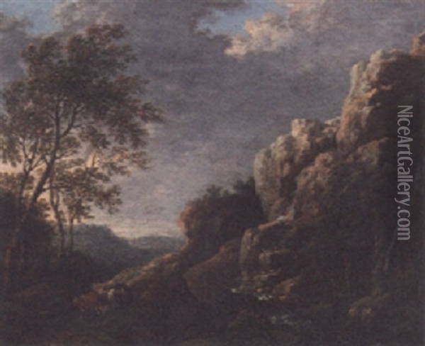 A Rocky Landscape With A Drover On A Mountainous Track Oil Painting - Allaert van Everdingen