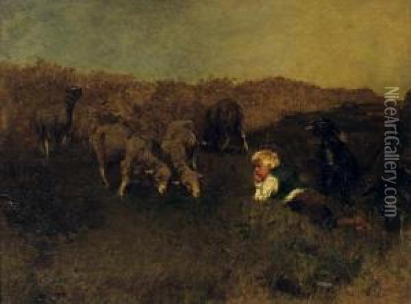 The Little Shepherd And His Sheep Oil Painting - Gregor Von Bochmann