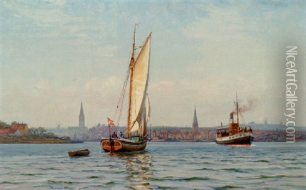 Indsejling Til Flensborg Havn Med Sejlbad Og Faerge Oil Painting - Vilhelm Karl Ferdinand Arnesen