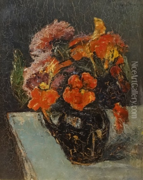 Pot With Red Flowers Oil Painting - Gheorghe Petrascu