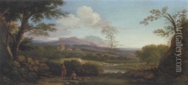 An Extensive Italianate Landscape With Shepherds By A River And A Village Beyond Oil Painting - Jan Frans van Bloemen