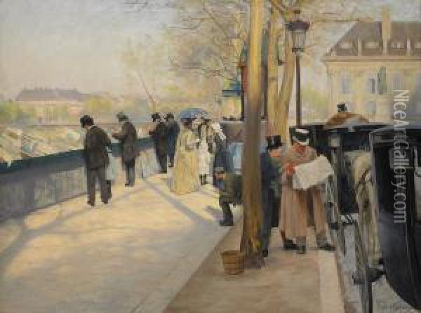 Sur Les Quais De La Seine - Tidningslasande Droskkuskar Oil Painting - Gustaf Theodor Wallen