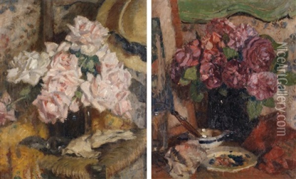 Bouquet De Roses And Bouquet D'anemones (2 Works) Oil Painting - Henri Montassier