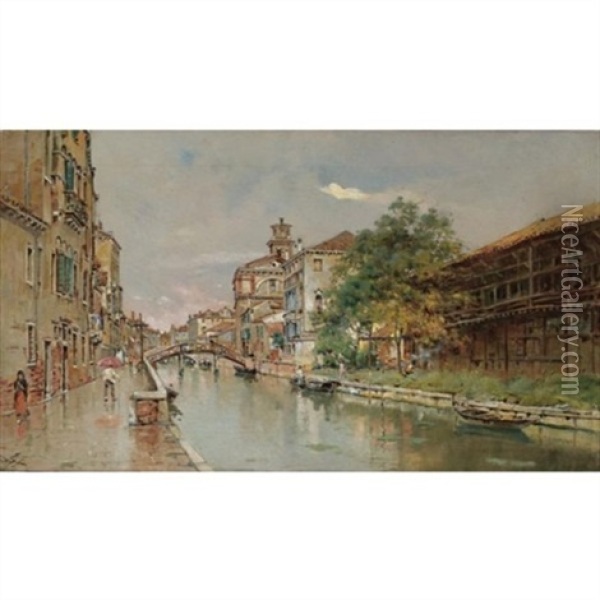 A Rainy Day On The Canal Oil Painting - Antonio Maria de Reyna Manescau