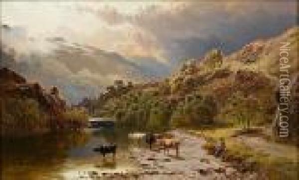 Cattle And Drover On The River Conway, North Wales Oil Painting - Sidney Richard Percy