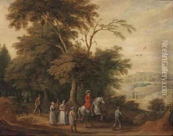 A wooded landscape with a cavalryman and other figures on a track Oil Painting - Adriaen Van Stalbemt