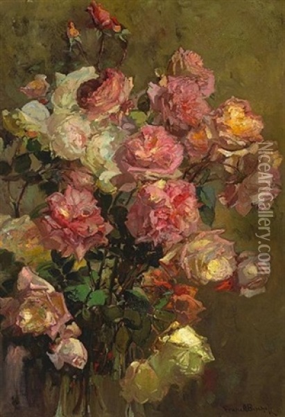 A Glass Vase Full Of Roses Oil Painting - Franz Arthur Bischoff