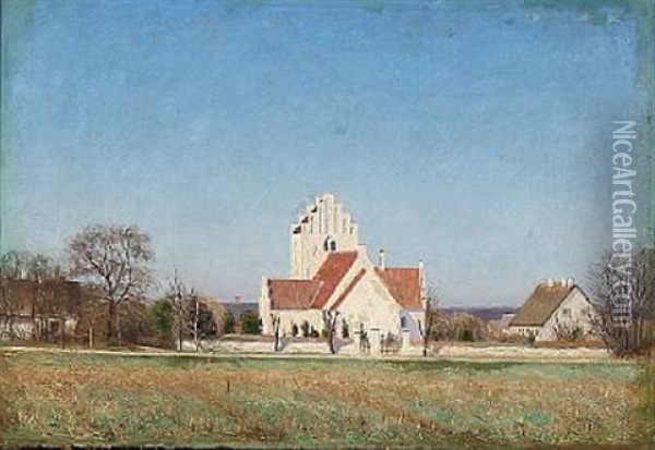 Danish Summer Day With The Church Of Lynge Oil Painting - Laurits Andersen Ring