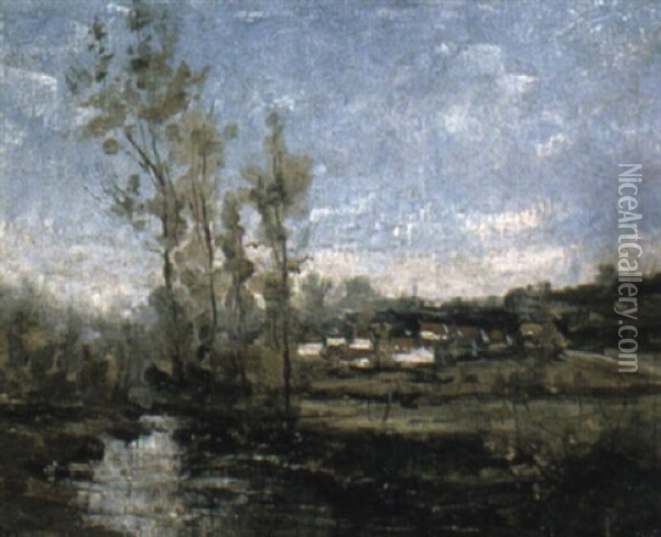 A River Landscape With Cottages Beyond Oil Painting - Theodore Baron