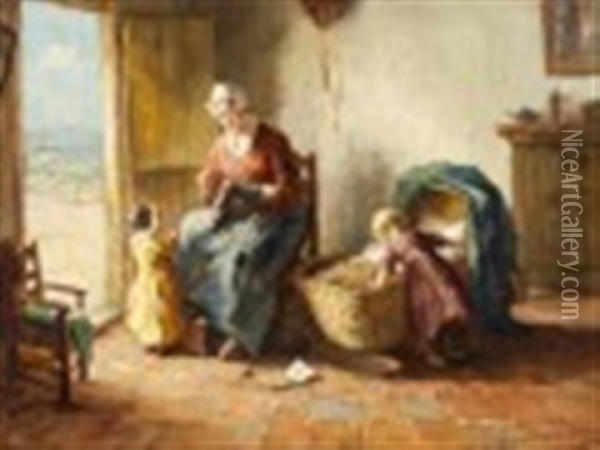 Tending Baby In A Seaside Cottage Oil Painting - Bernard de Hoog