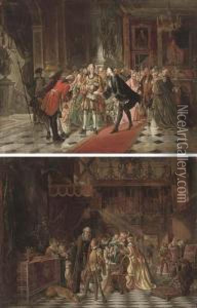 The Court Of The Young Louis Iii; And A Palace Interior With A Courtier Giving A Petition Oil Painting - Louis Antoine Victor Pellegrin