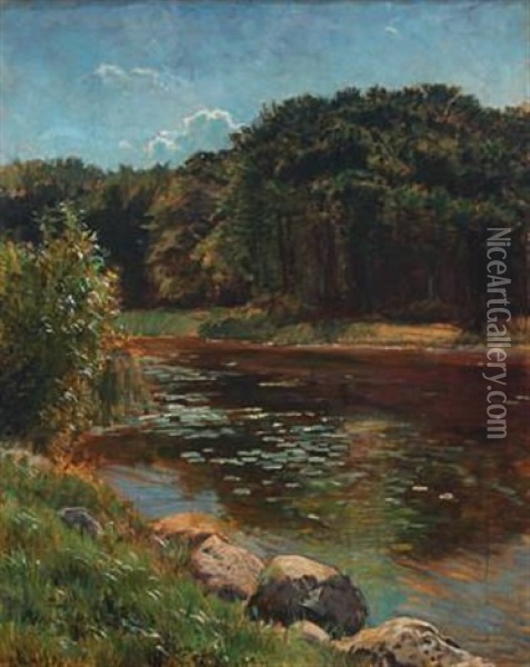 Summer Landscape With Forest Lake Oil Painting - Georg Sofus Seligmann