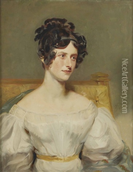 Portrait Of Mrs. Henry William Wilson, Seated Half-length, In A White Dress Oil Painting - Henry Wyatt