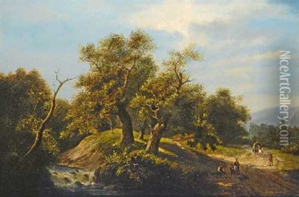 Waldweg Mit Pferdefuhrwerk Und Rastenden Wanderern Oil Painting - Marinus Adrianus Koekkoek