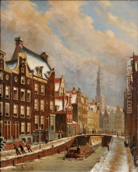 Winter Scene In Amsterdam With Zuide Kirk In The Distance Oil Painting - Oene Romkes De Jongh