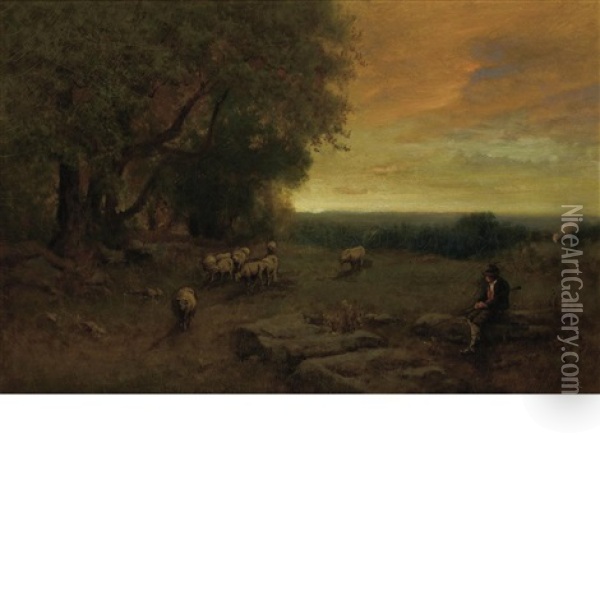 The Shepherd And Flock At Sunset, Italy Oil Painting - George Inness