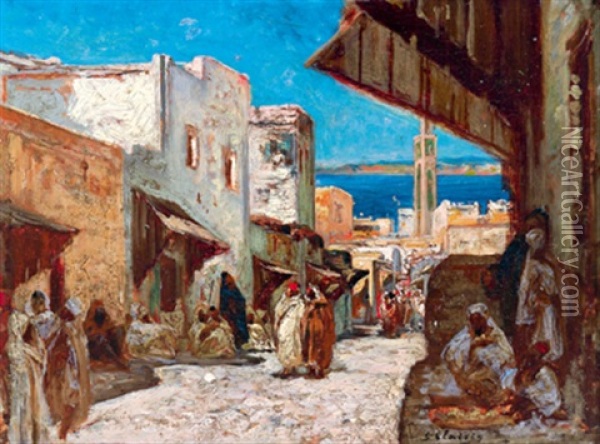 Belebte Strase In Einer Marokkanischen Hafenstadt Oil Painting - Georges Jules Victor Clairin